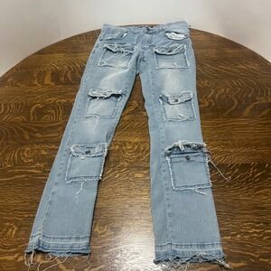 Rebel Vengeance Cargo Jeans Men's 32 Light Wash Distressed Frayed Raw Hem Slim